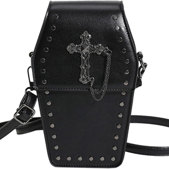 Gothic Coffin Crossbody Bag – Black Faux Leather with Chain NWOT - Picture 7 of 13